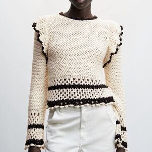 Mango Ruffled Openwork Knit Sweater in ecru with black  details-New-Boho-M